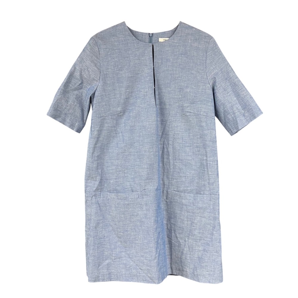 Emerson Fry Mod Shift Dress Chambray Blue Cotton Short Sleeve Pockets Size S
